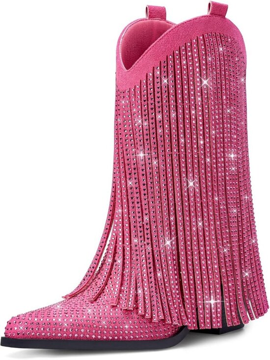 Shoes - Women's Pink Cowgirl Mid Calf Star Studded Pointed Toe and Chunky Heel Boots
